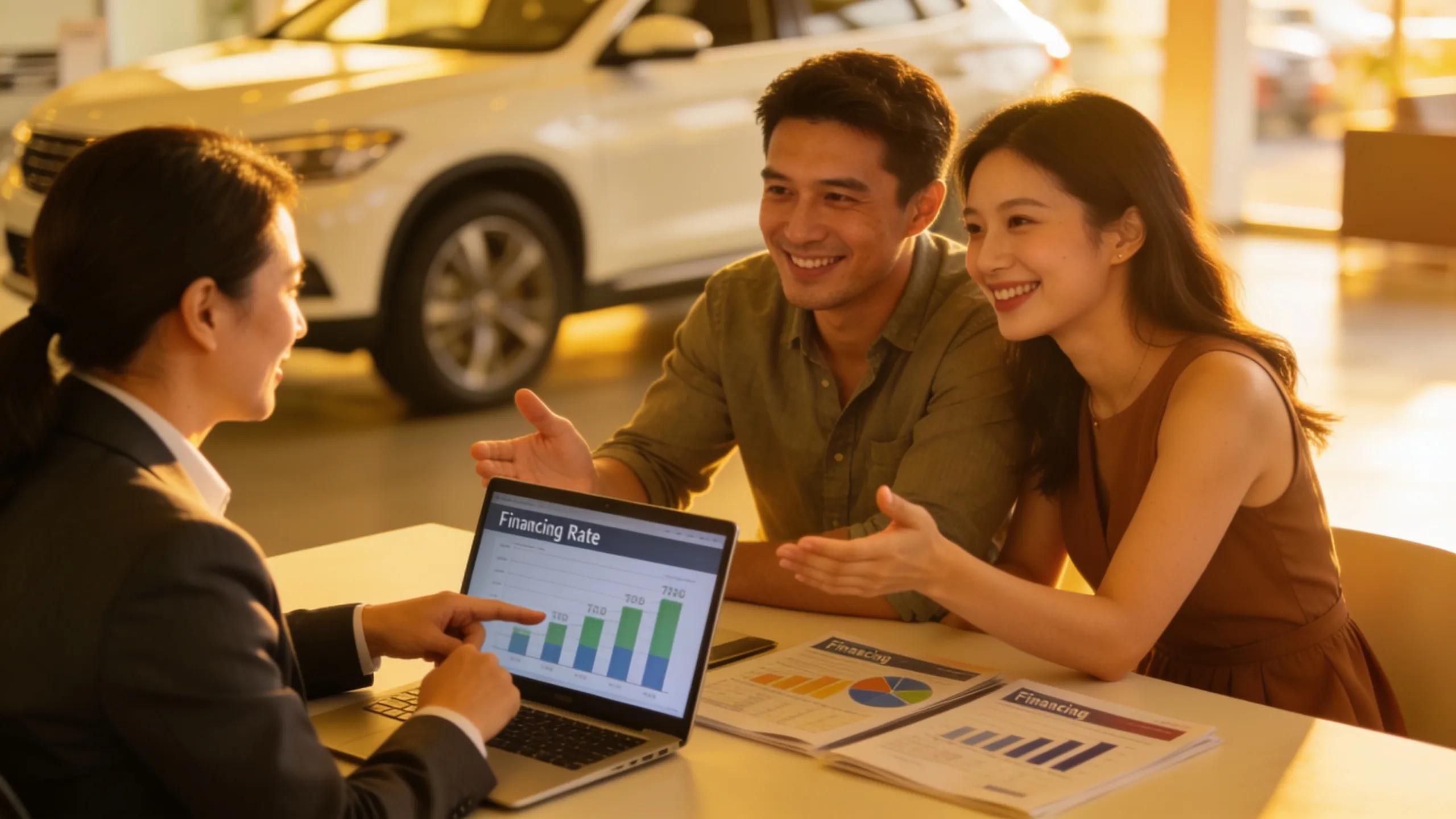 Car finance advisor assisting a couple with financing options, showcasing a supportive environment for buyers
