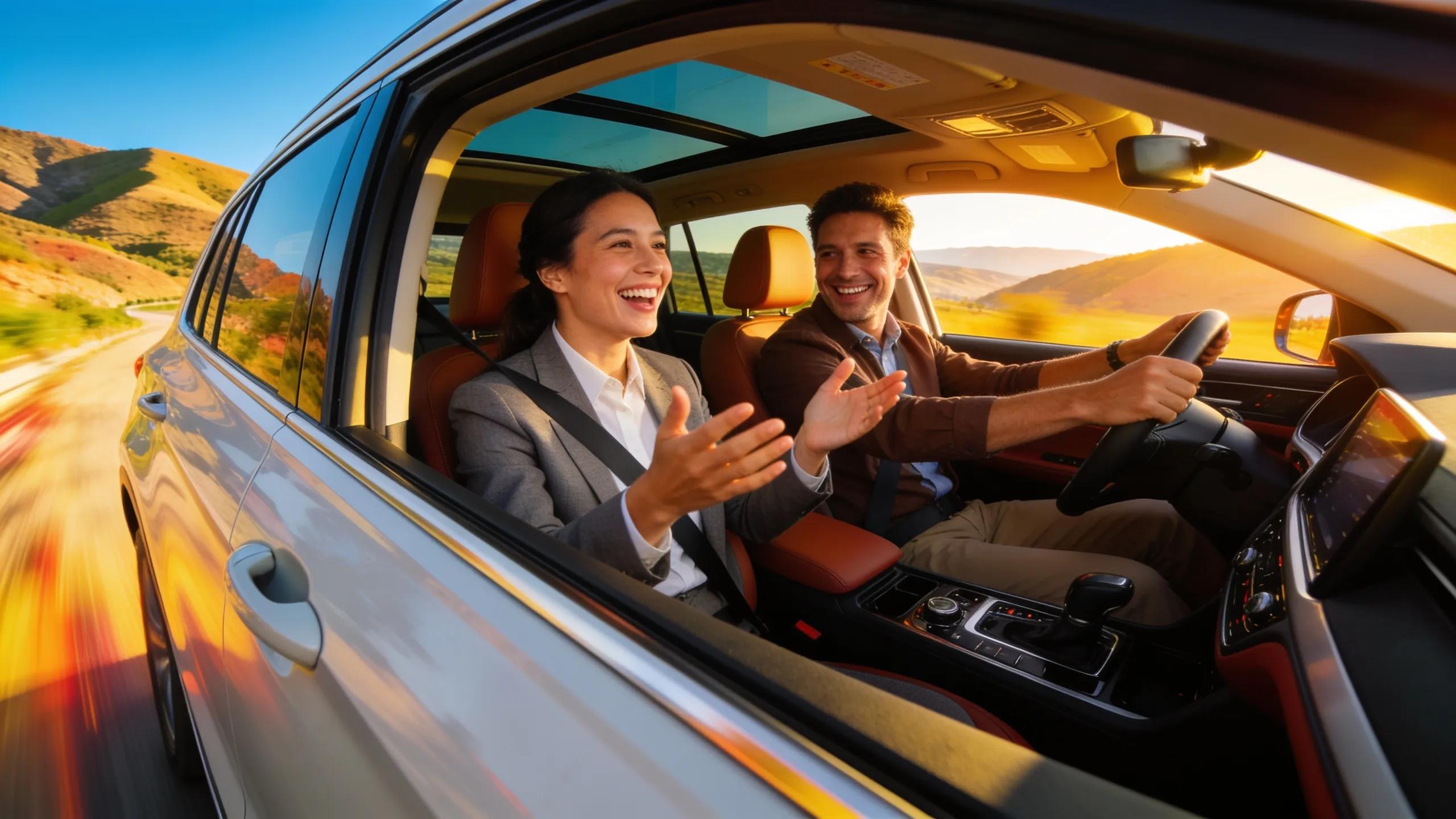Customer enjoying a test drive of a used SUV, conveying excitement and engagement during the vehicle experience