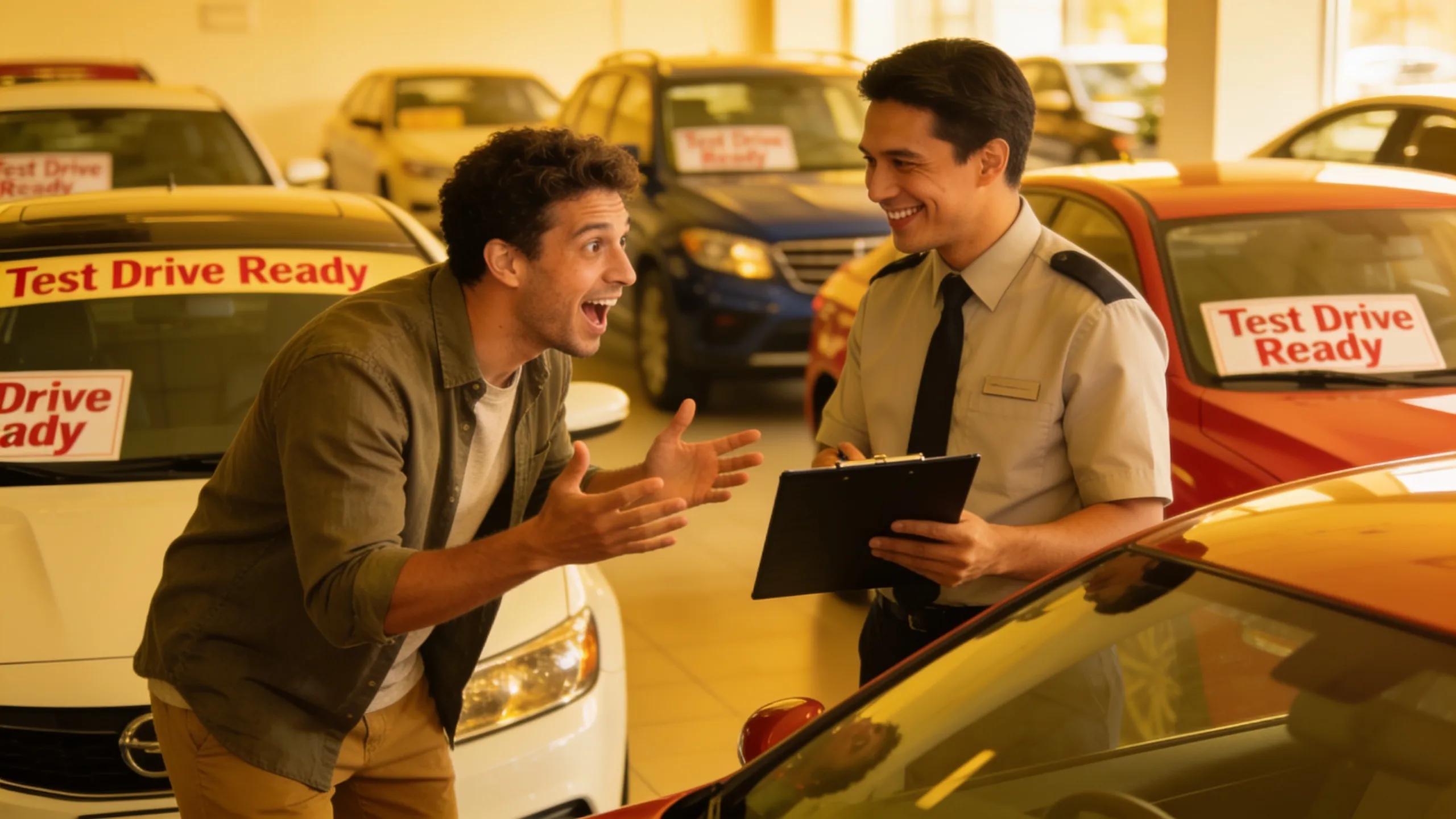 A customer interacting with dealership staff to schedule a test drive, highlighting the smooth process in assessing trade-in values.