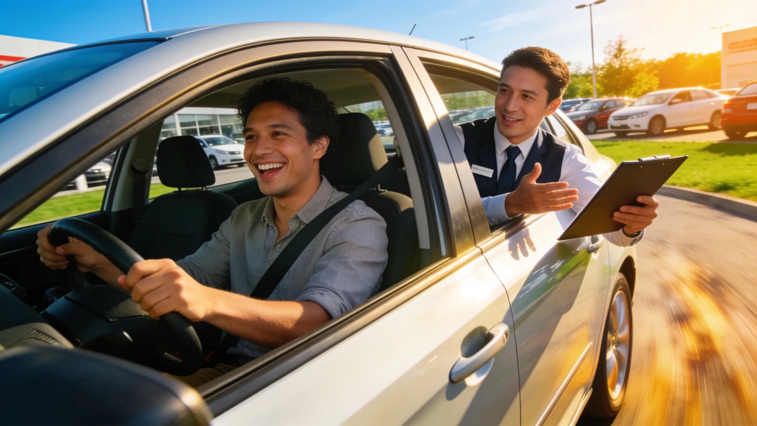 Prospective buyer enjoying a test drive experience at a dealership, highlighting hands-on engagement
