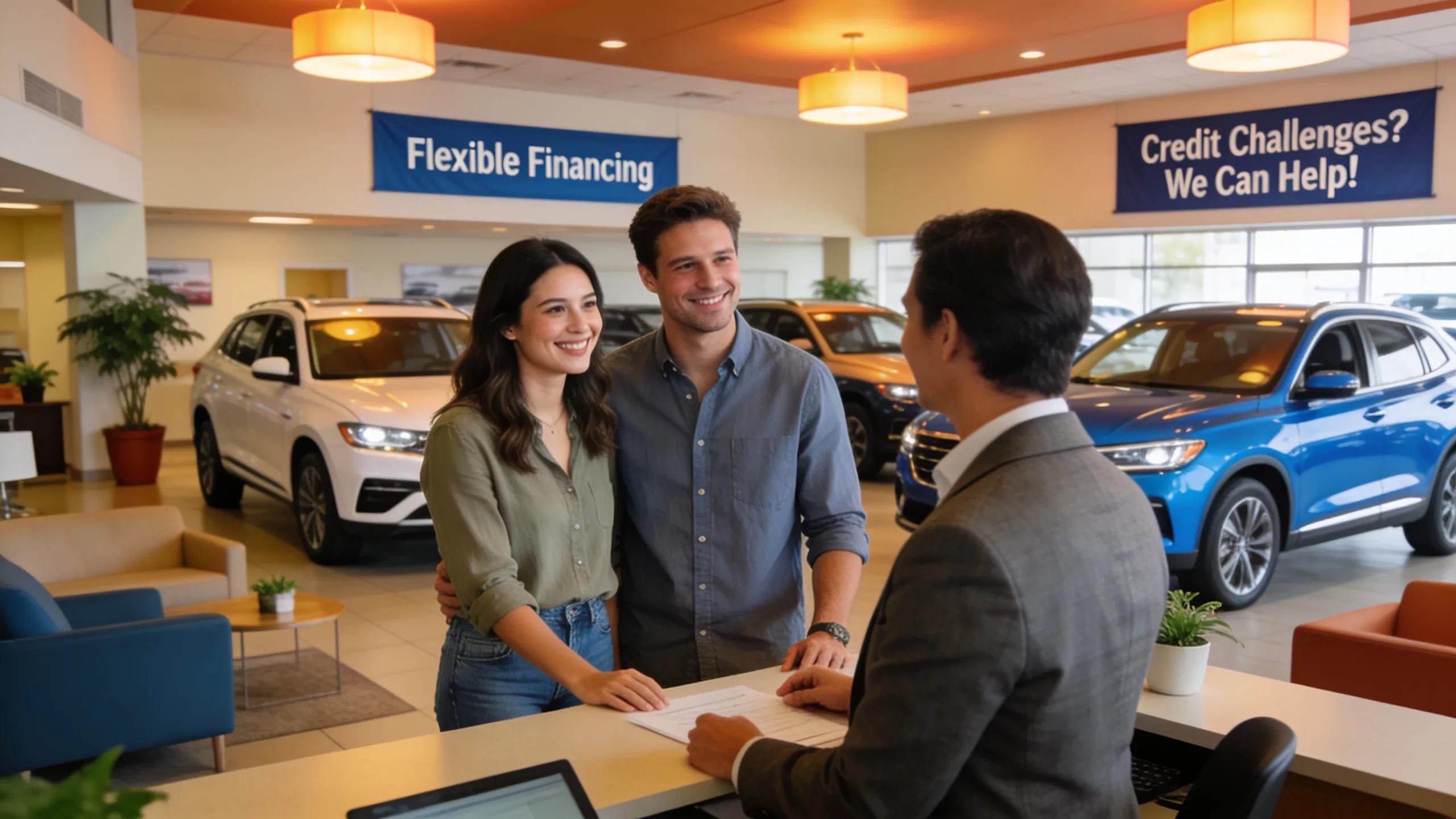 Customers discussing financing options with a dealer representative in a Buy Here Pay Here dealership
