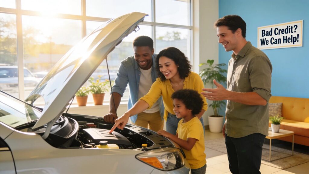 Family examining a used car at a dealership, symbolizing approachable financing for bad credit