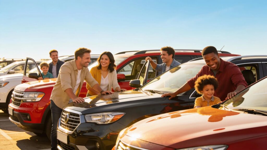 Diverse group of people exploring used SUVs at a dealership, highlighting community engagement in vehicle buying