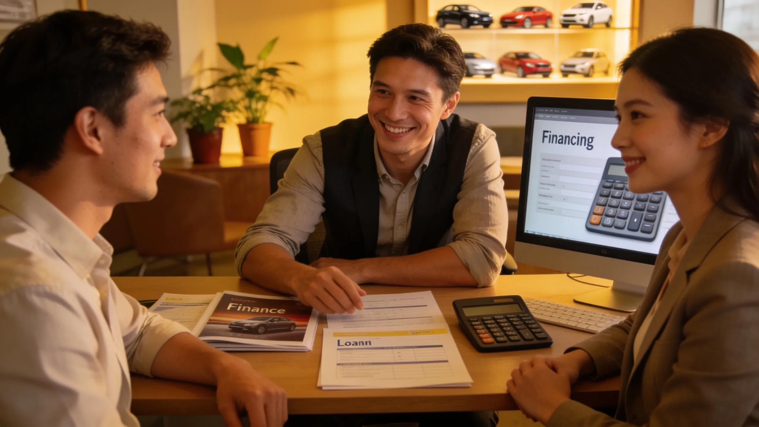 A couple consulting with a dealership representative about financing options for used cars, illustrating a welcoming environment.
